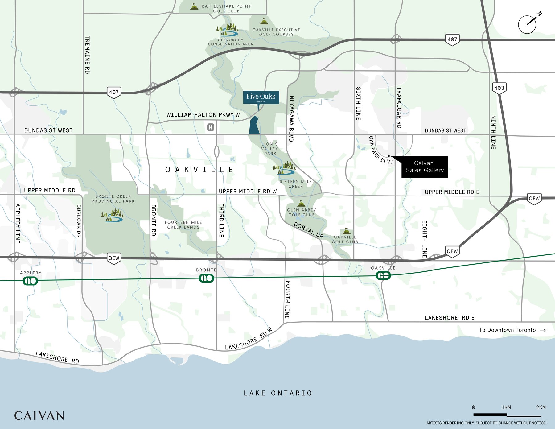 Map showing the Five Oaks location in Oakville relative to major roads, parks and Lake Ontario