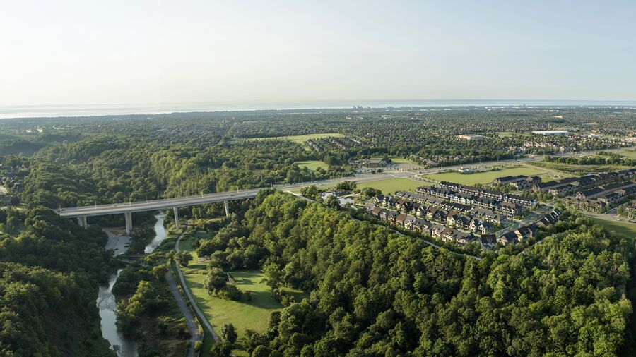 Aerial view of Five Oaks community streetscape